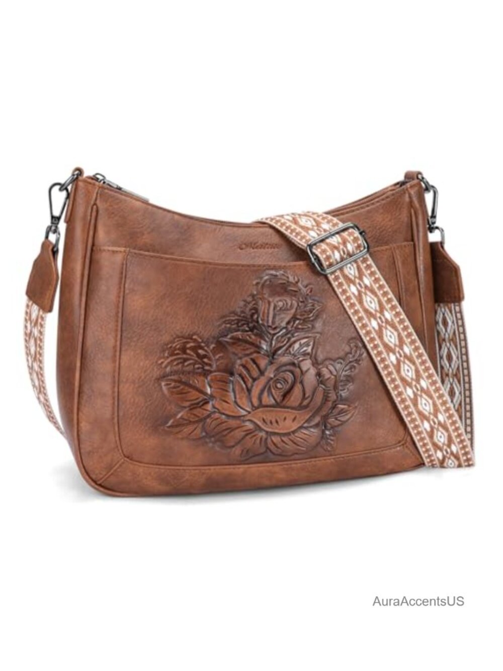 Rose Embossed Vegan Leather Medium Hobo Crossbody Bag with Shoulder Strap